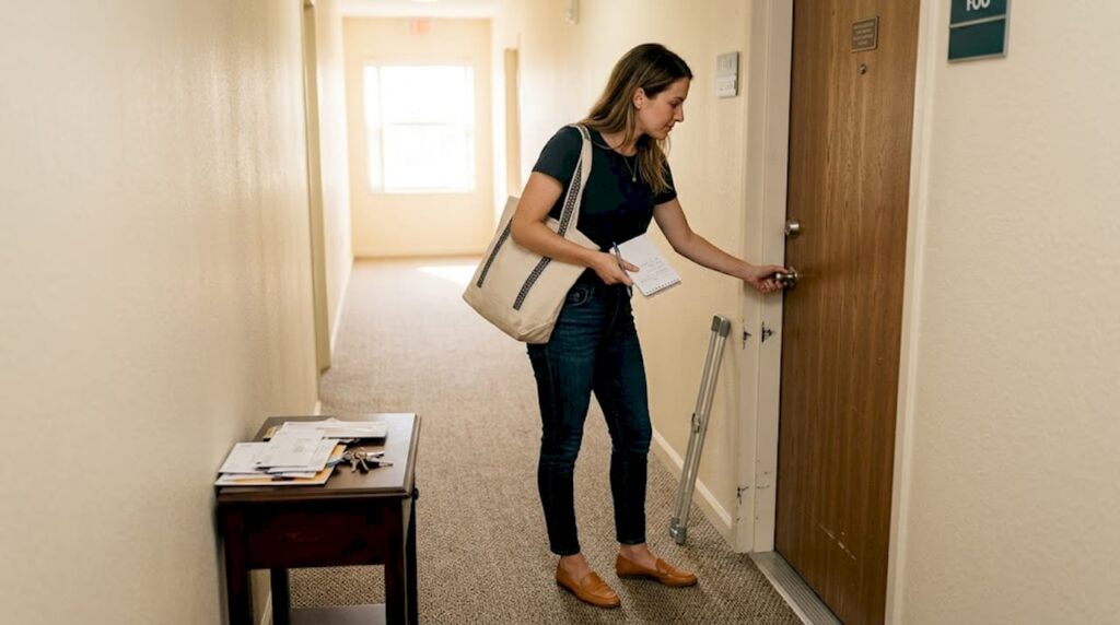 Woman inspecting apartment front door security