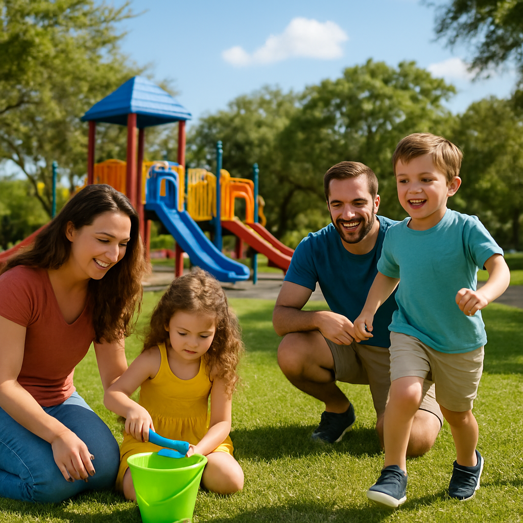 A smiling family with two young children plays on the grass near a playground. The girl scoops sand into a green bucket while the boy runs. The parents watch happily under a blue sky with trees in the background.