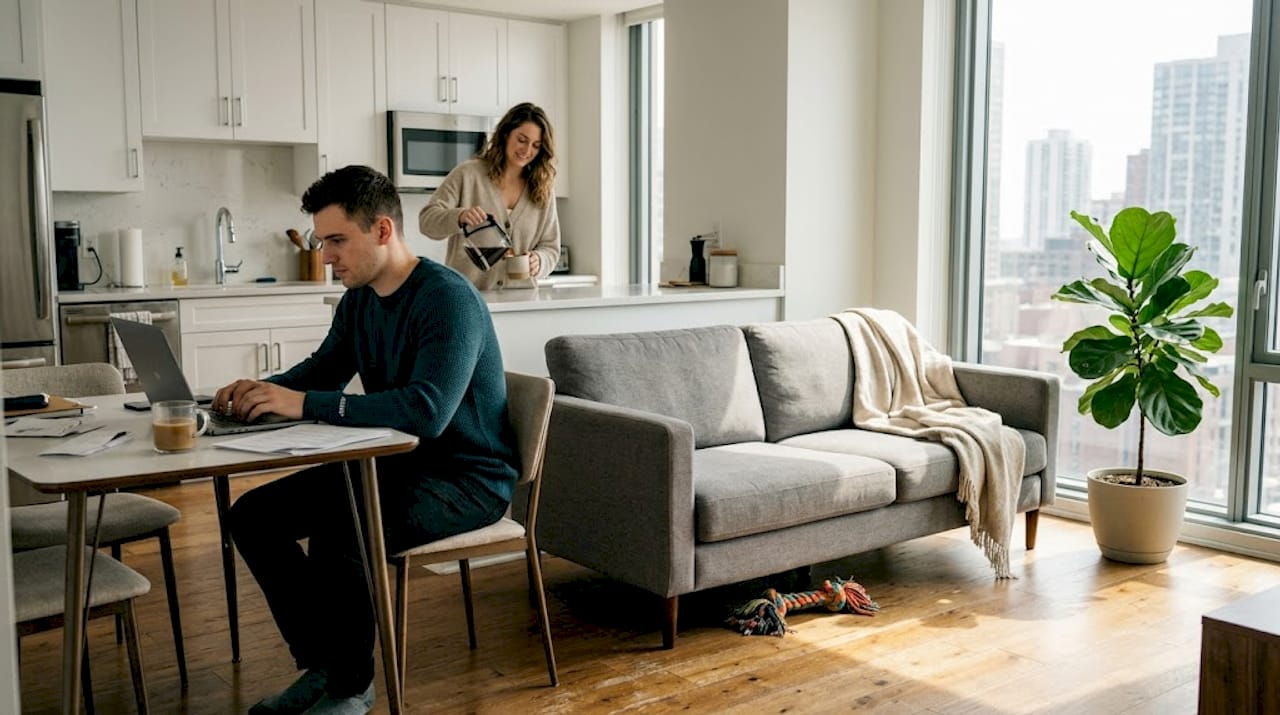 Young professionals relaxing in bright apartment living room