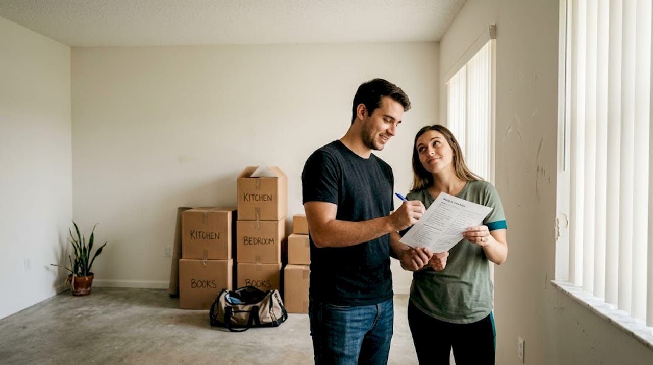 Couple with checklist in empty apartment