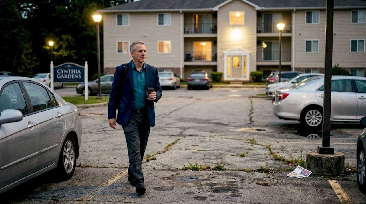 Man walking through apartment parking lot at dusk