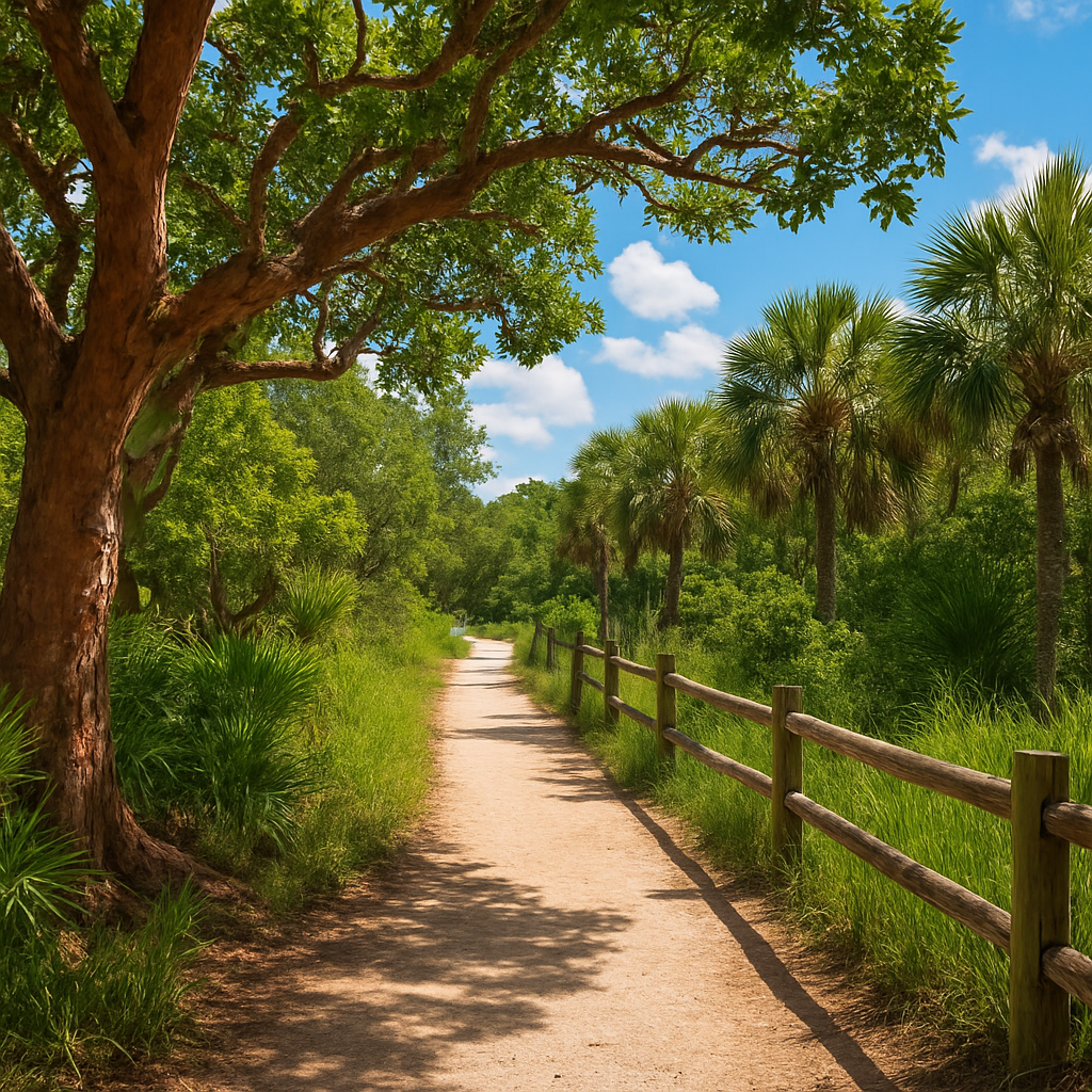 A sunlit dirt path winds through lush greenery, bordered by a wooden fence and tall trees, including palm trees, under a bright blue sky with scattered clouds.