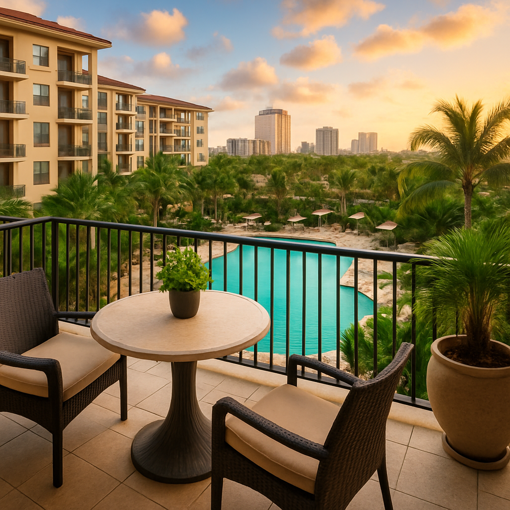 A balcony with two wicker chairs and a round table overlooks a palm-lined swimming pool and gardens, with modern high-rise buildings in the distance under a colorful sunset sky.