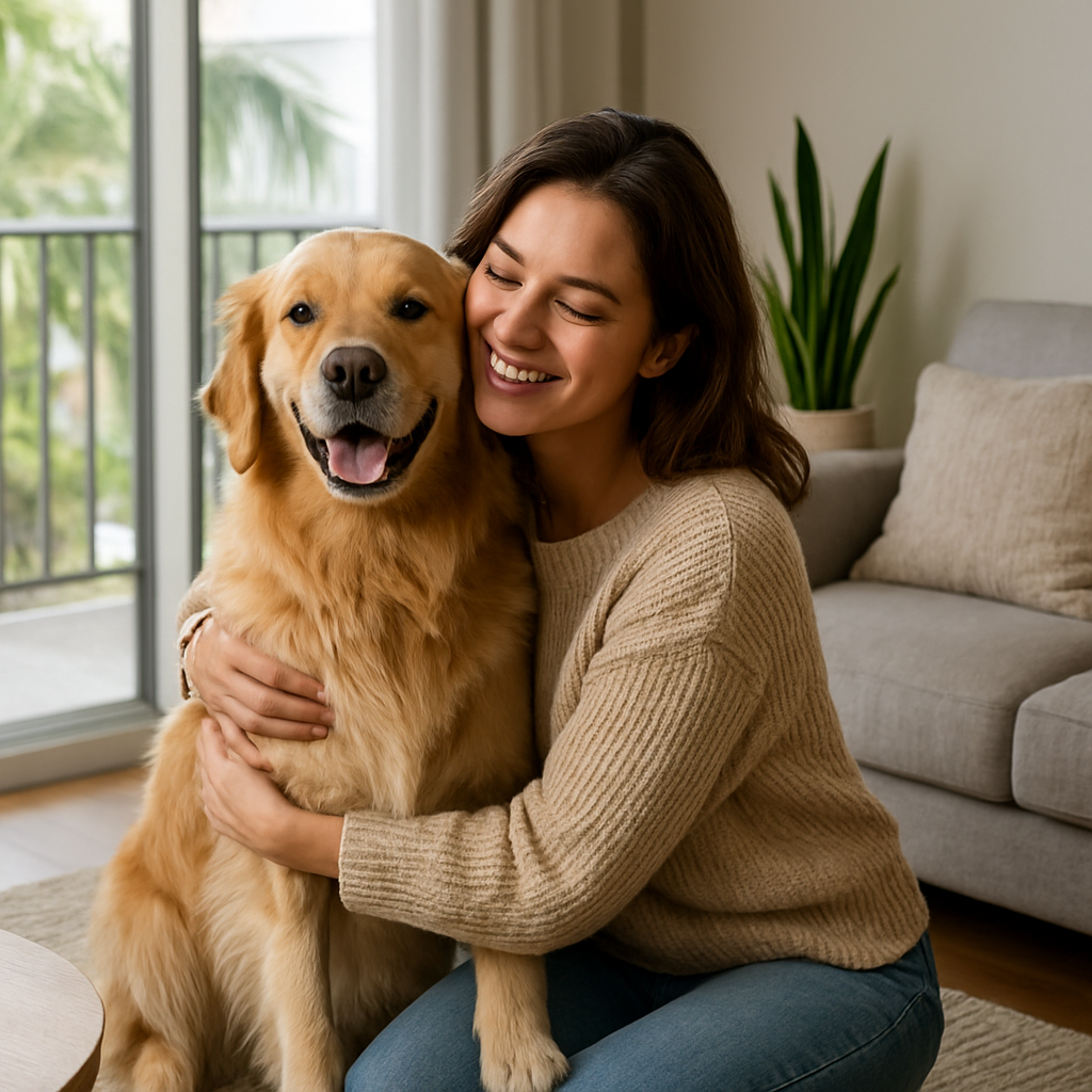 A smiling woman in a beige sweater hugs a happy golden retriever in a cozy living room with a sofa, plant, and large window in the background.