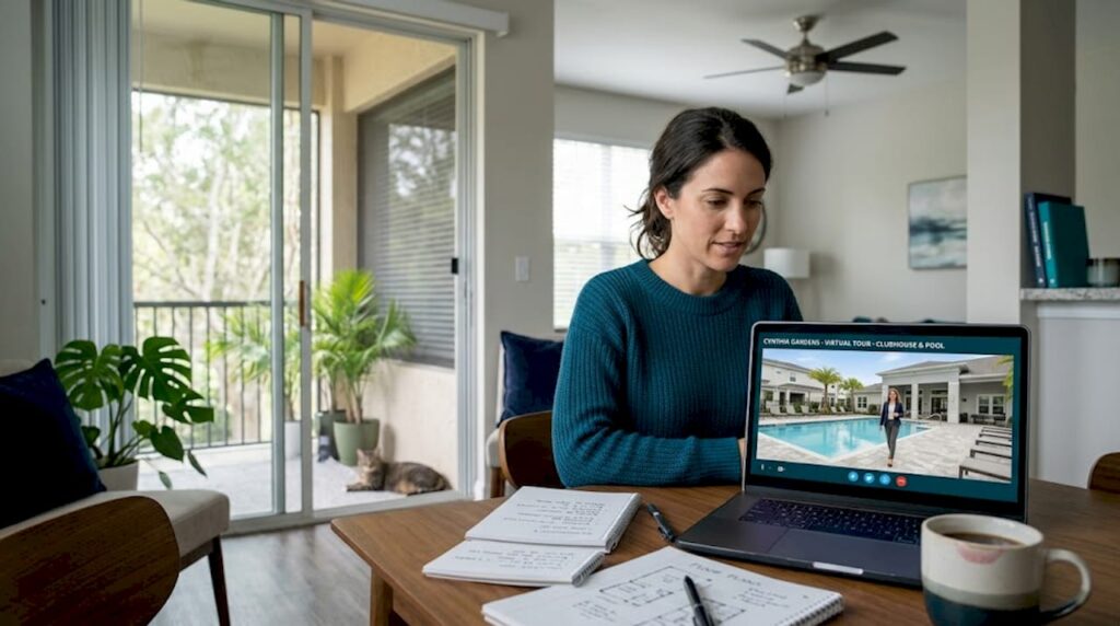 Woman taking virtual apartment tour at home