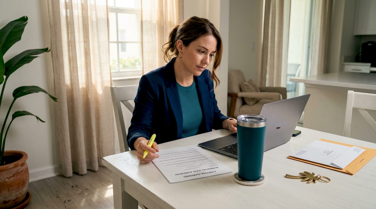 Renter checks lease paperwork in bright apartment