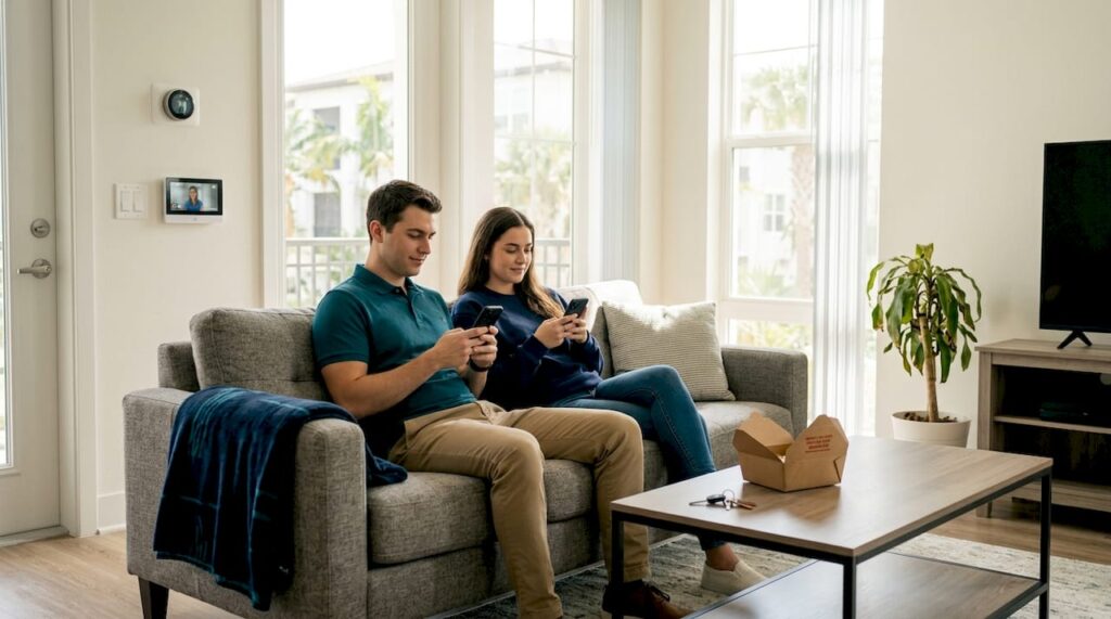 Young couple using smart features in apartment