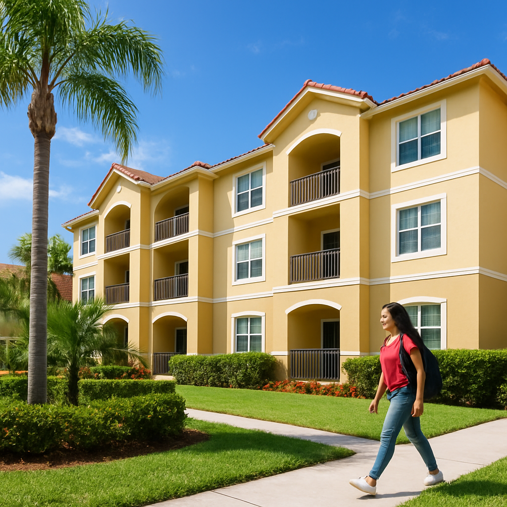 A woman walks along a sidewalk past a modern, yellow three-story apartment building with balconies, surrounded by green lawns, palm trees, and landscaped bushes under a clear blue sky.