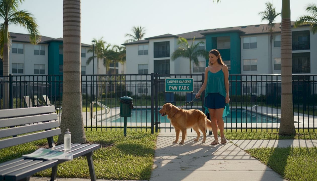 Woman walking dog near apartment amenities