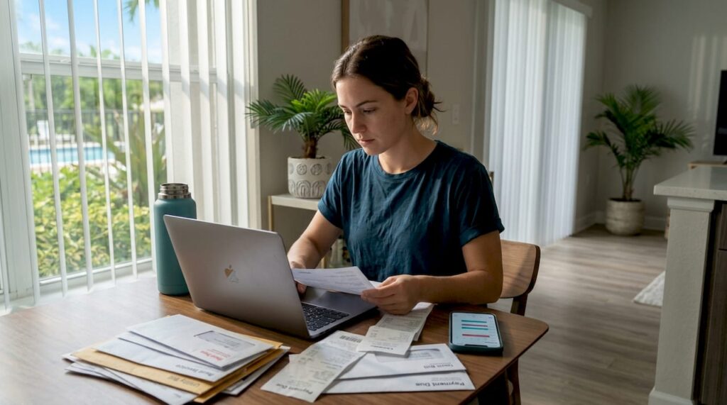 Woman managing rent payments at home