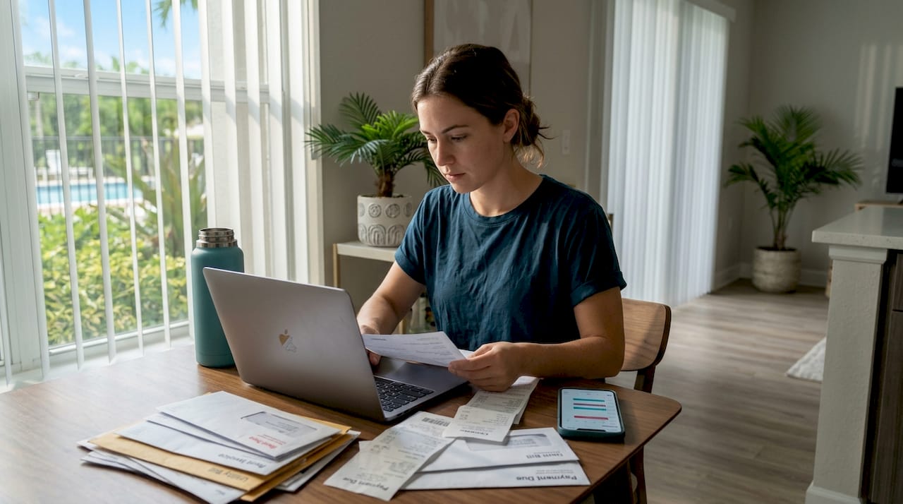 Woman managing rent payments at home