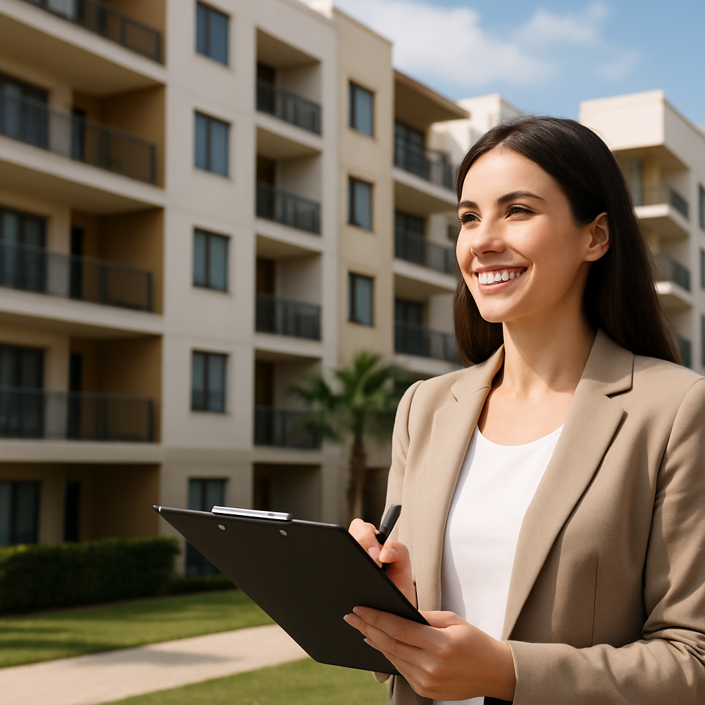 A smiling woman in a beige blazer holds a clipboard and pen, standing outdoors in front of a modern apartment building with balconies and palm trees.