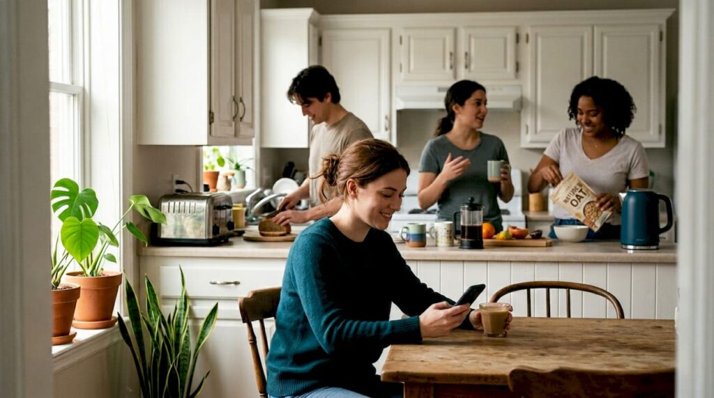 Residents sharing modern apartment kitchen