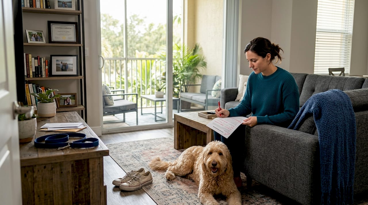 Woman with dog reviewing lease in apartment