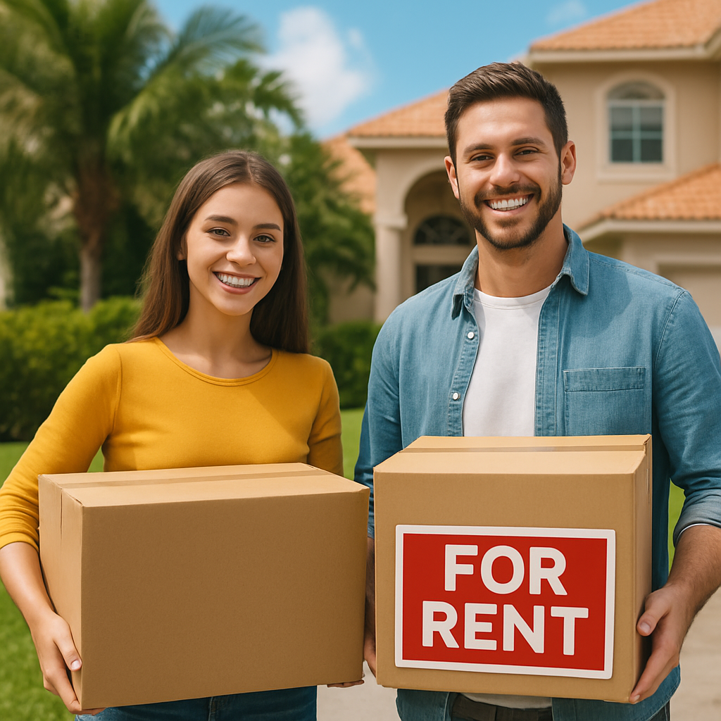 A smiling couple stands outside a house holding cardboard boxes; one box displays a "For Rent" sign, suggesting they are new renters moving in. Lush greenery and a suburban home appear in the background.