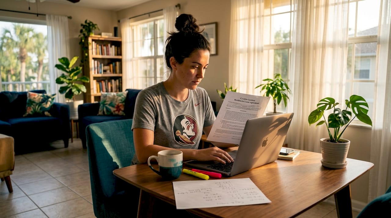 Renter reviews apartment lease paperwork at table