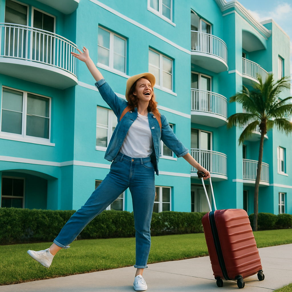 A cheerful woman in a hat and denim outfit stands outside a turquoise building, smiling and raising an arm while holding a red suitcase on a sidewalk lined with palm trees.