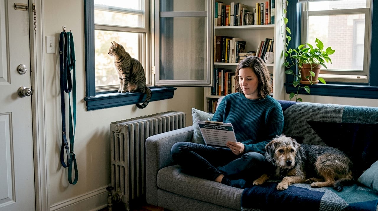 Pet owner reading apartment checklist with dog and cat