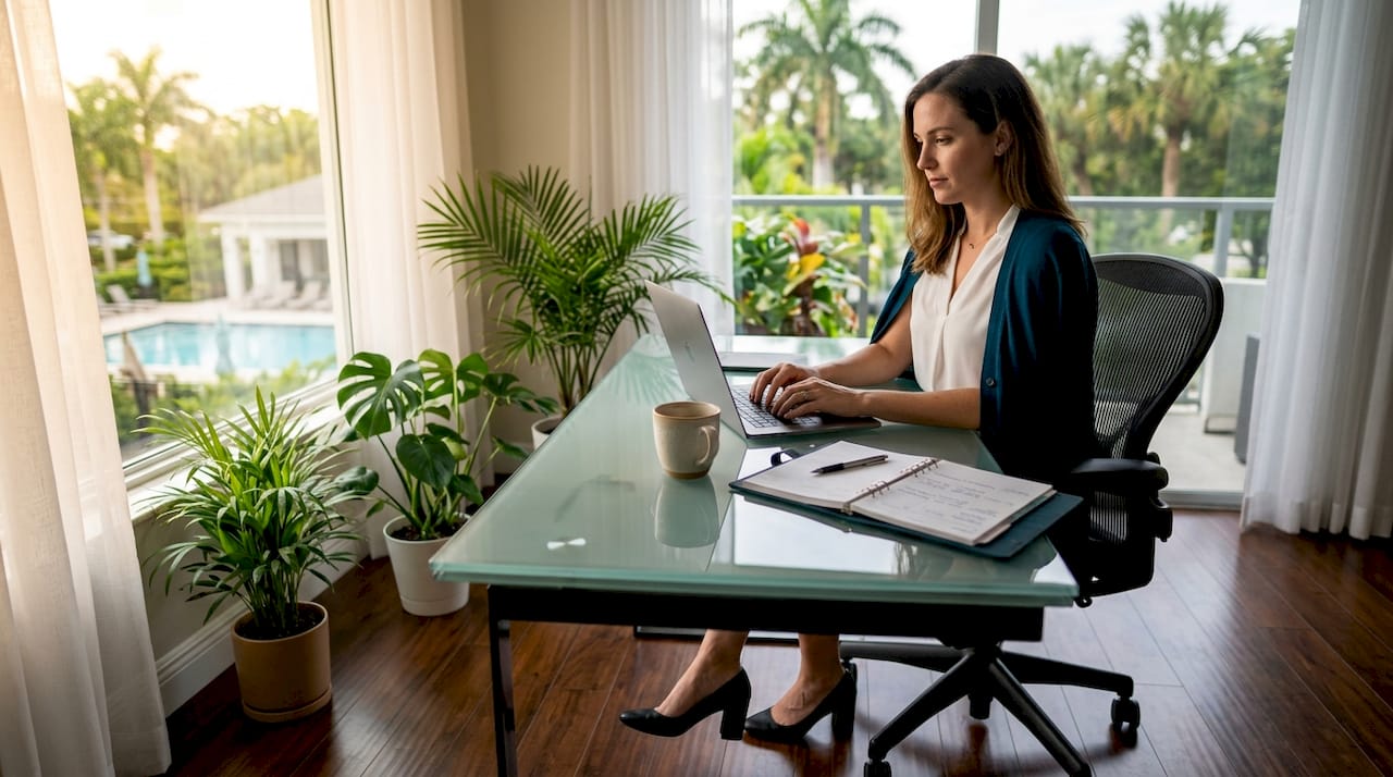 Professional woman working in Boca Raton apartment