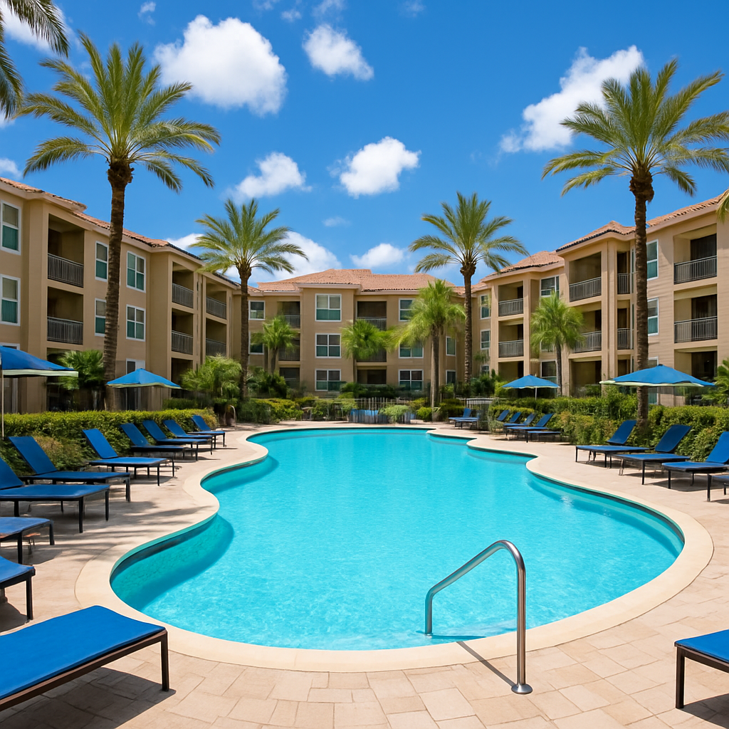 A resort-style outdoor swimming pool surrounded by lounge chairs, blue umbrellas, and tall palm trees, with modern apartment buildings in the background under a bright blue sky with scattered clouds.