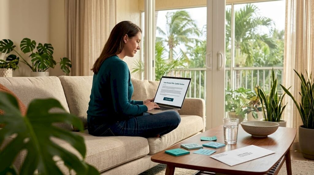 Renter reviewing lease renewal on living room sofa