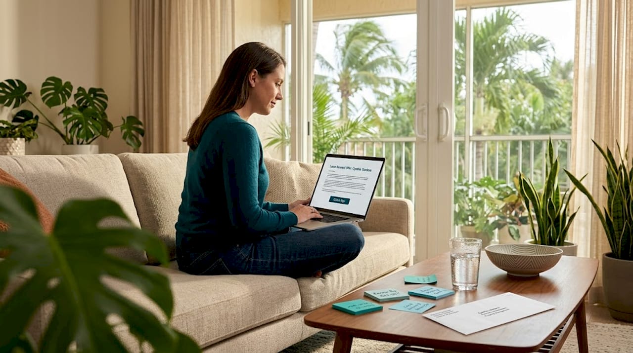 Renter reviewing lease renewal on living room sofa