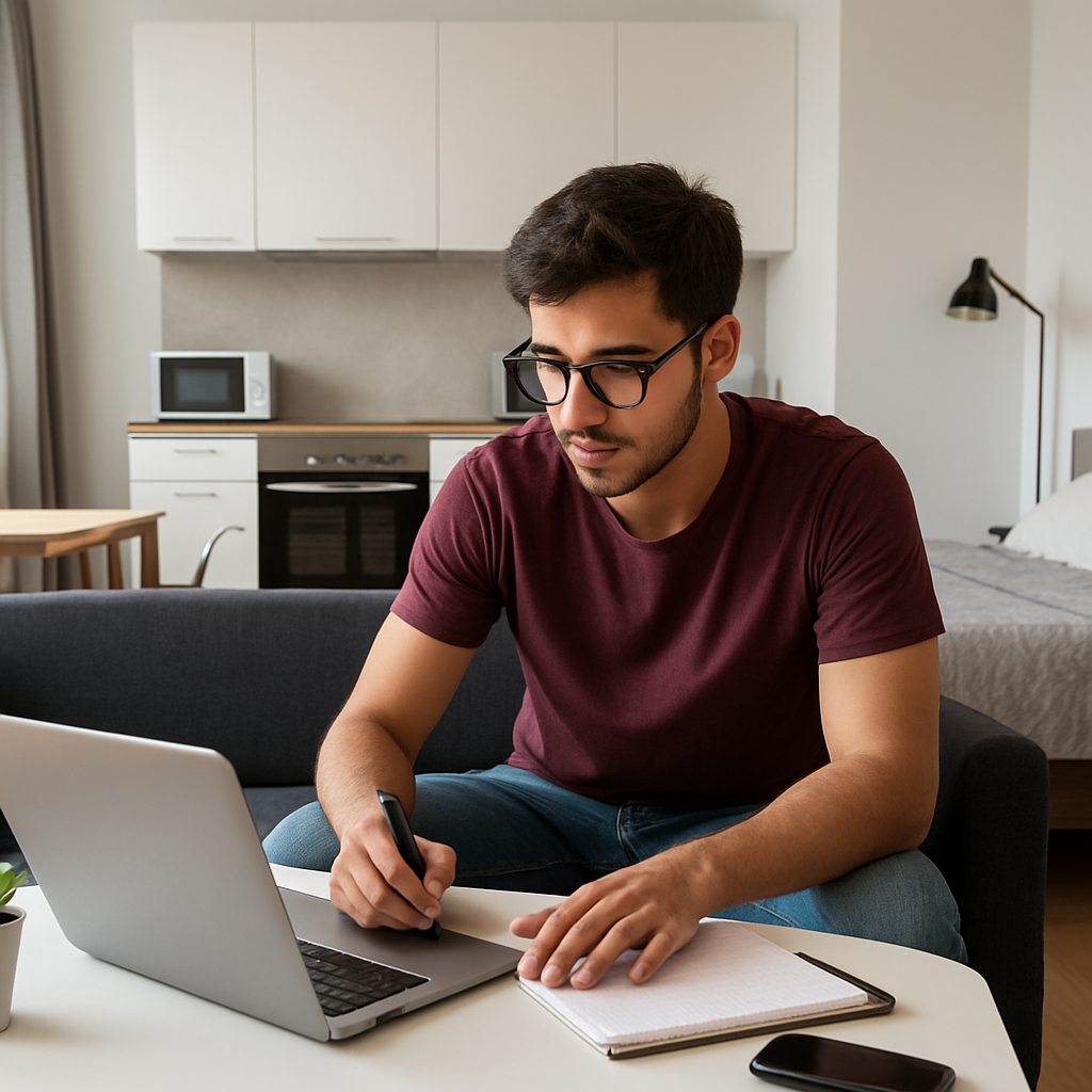 A young man wearing glasses and a maroon t-shirt sits on a couch, working on a laptop with a notebook and pen in front of him in a modern, tidy apartment with a visible kitchen and bed in the background.