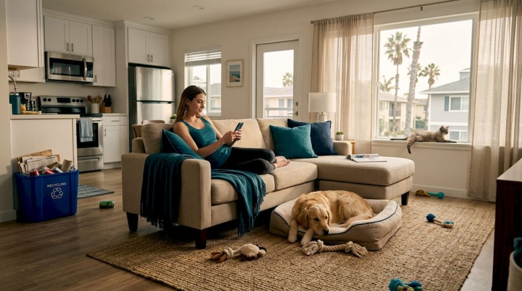 Pet owner using leasing app in apartment with dog and cat
