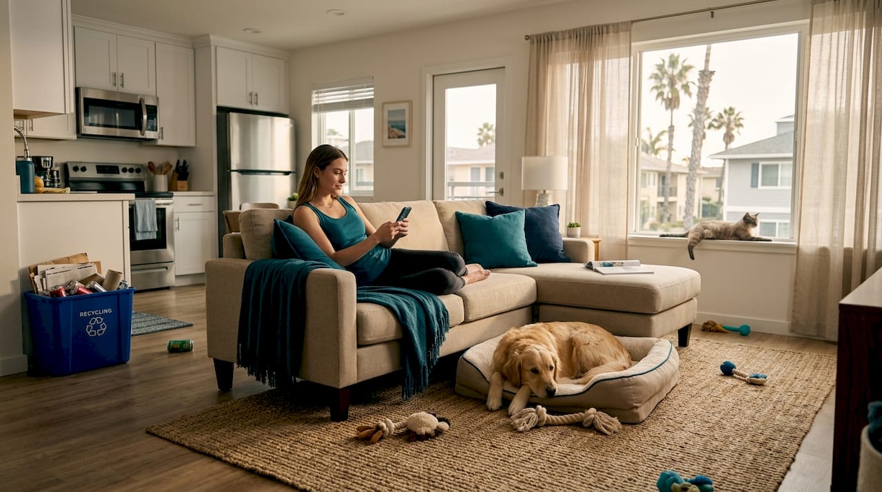 Pet owner using leasing app in apartment with dog and cat