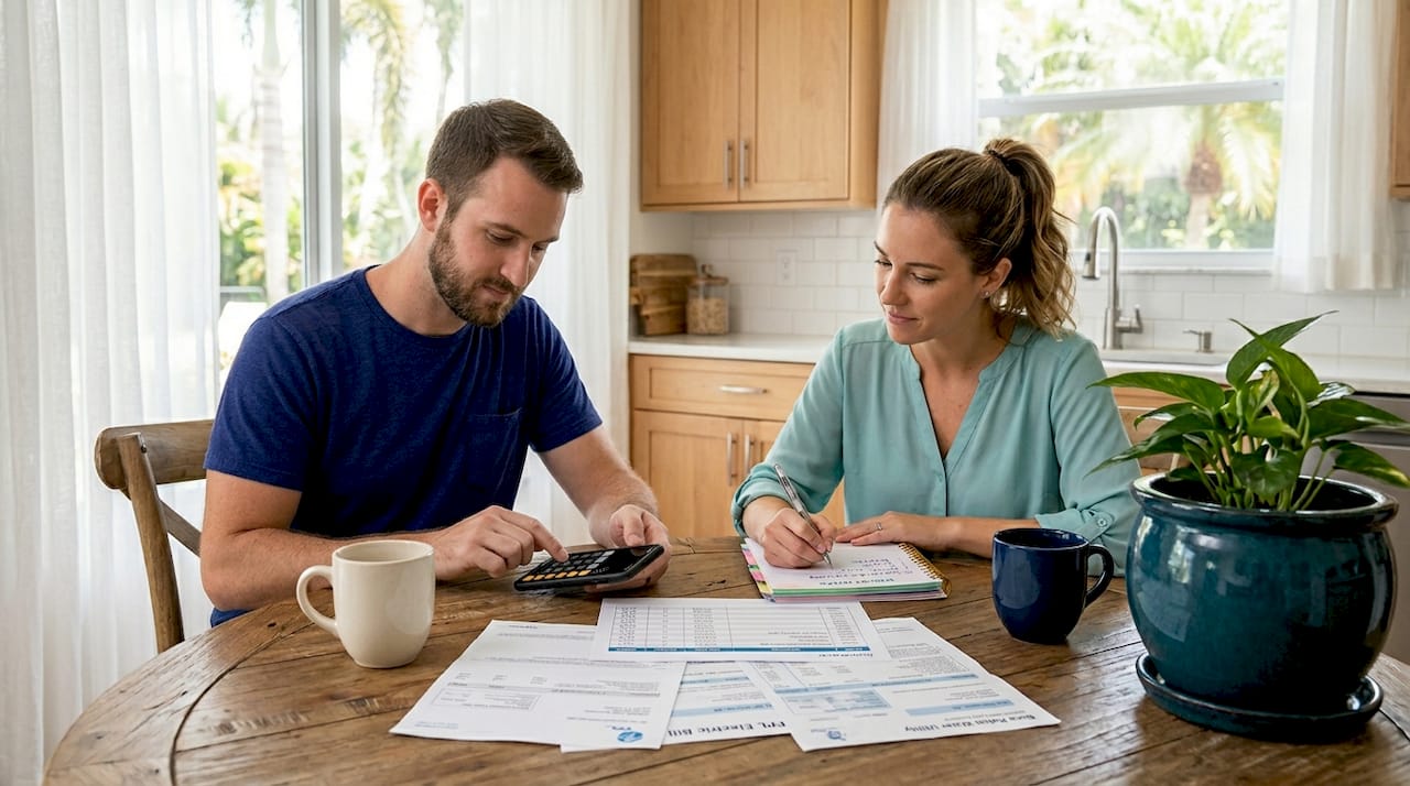 Couple creating rent budget at home table