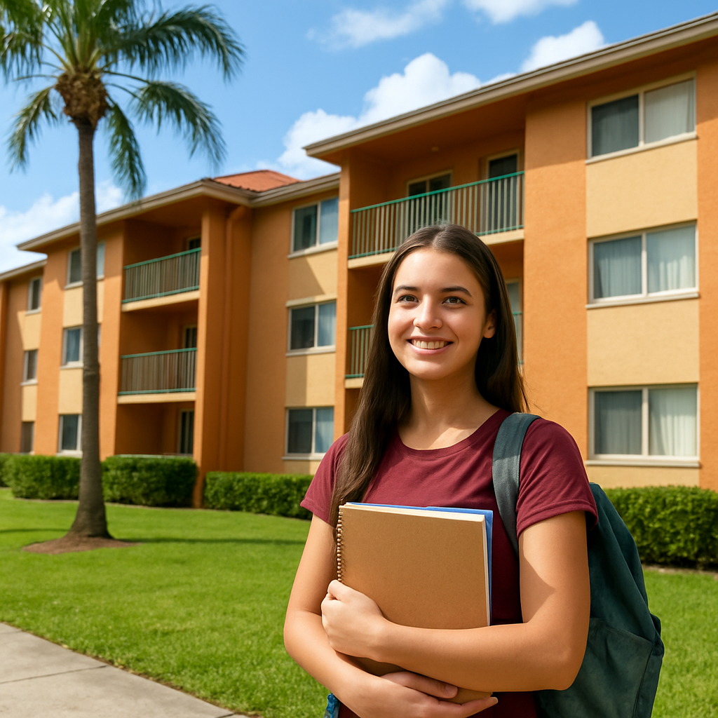 A smiling young woman with long brown hair holds notebooks and wears a backpack, standing outside an apartment building with palm trees and neatly trimmed grass on a sunny day.