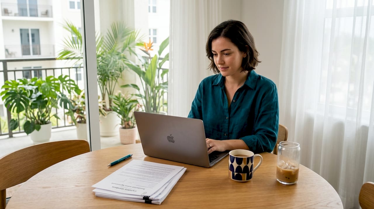Woman budgeting at apartment dining table