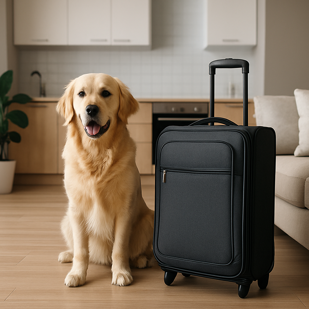 A golden retriever sits on a wooden floor next to a black rolling suitcase in a modern kitchen and living room setting.