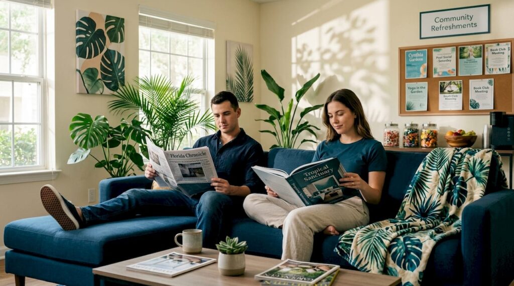 Residents relaxing in bright apartment lounge
