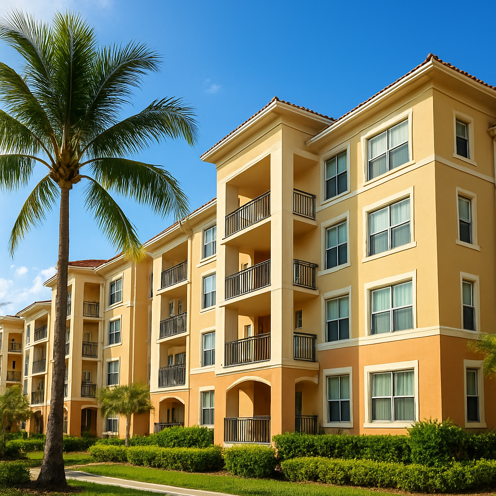 A modern, three-story yellow apartment building with multiple balconies, surrounded by green shrubs and a tall palm tree, under a bright blue sky.