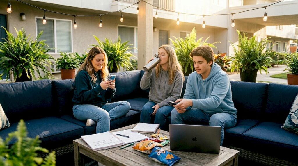 Students enjoying common room amenities in apartment