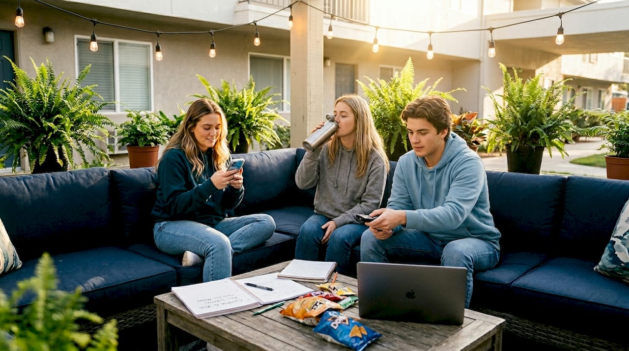 Students enjoying common room amenities in apartment