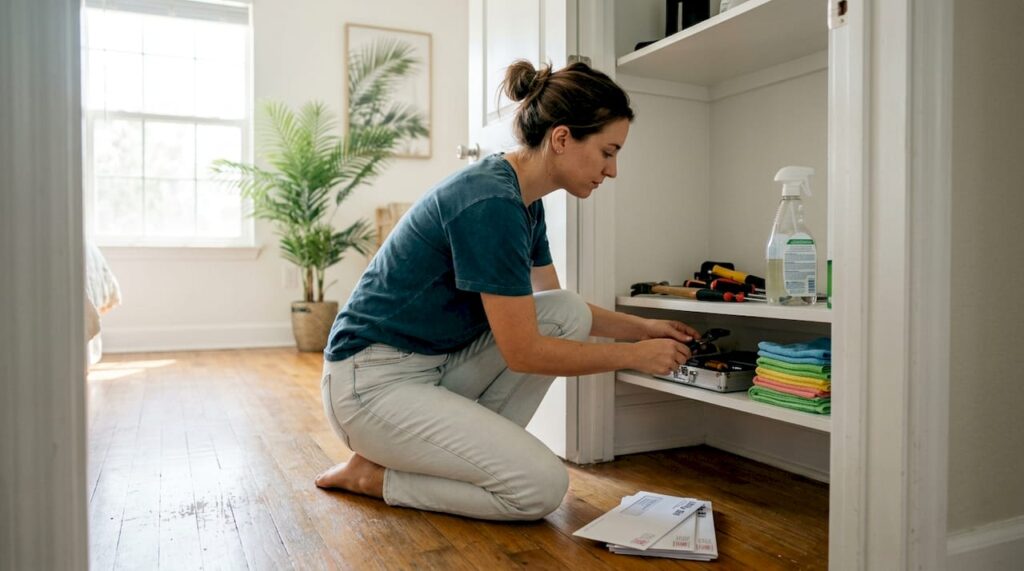 Renter organizing apartment maintenance supplies