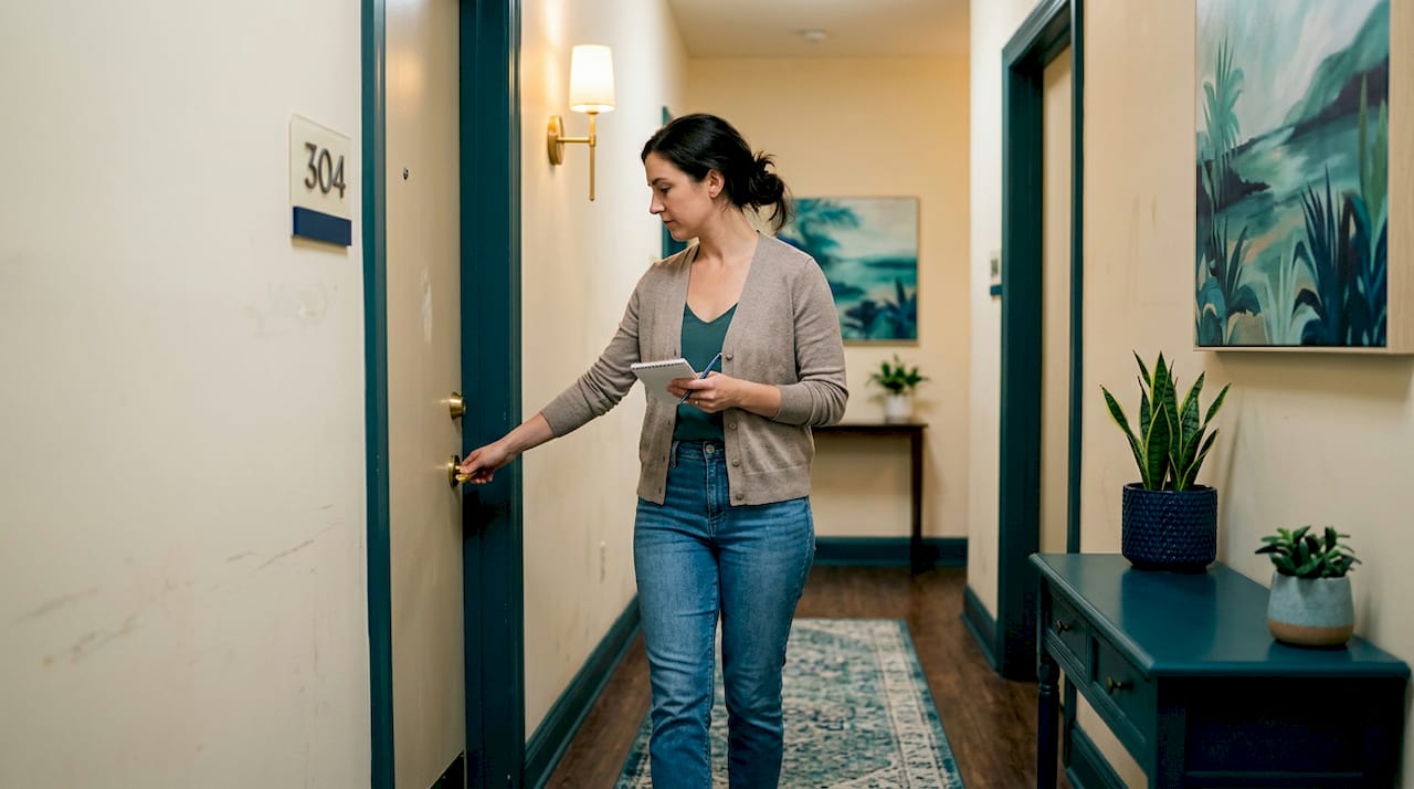 Resident checking apartment hallway door security
