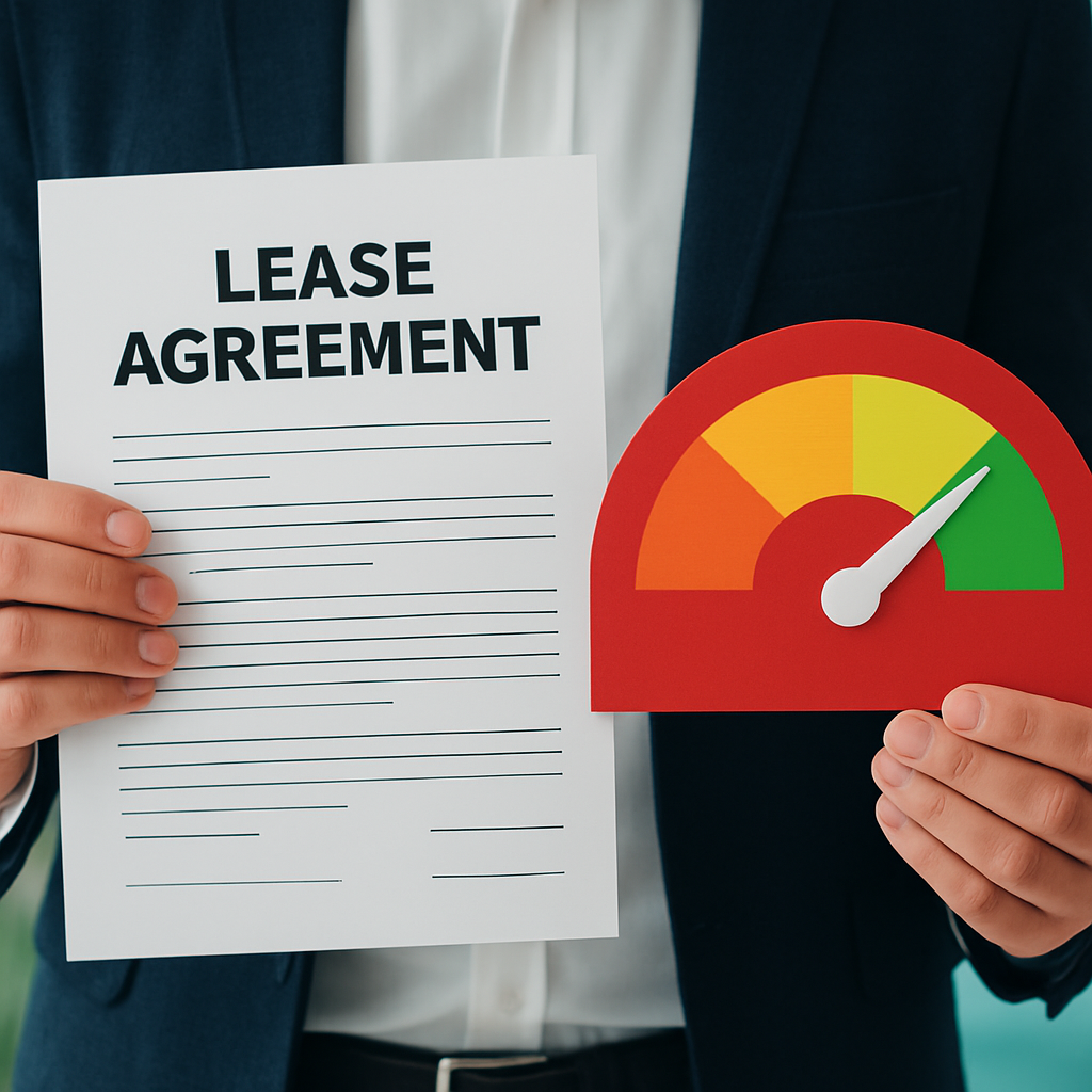 A person in a suit holds a paper labeled "Lease Agreement" in one hand and a colorful gauge showing a high score in the other, symbolizing good credit or approval for leasing.