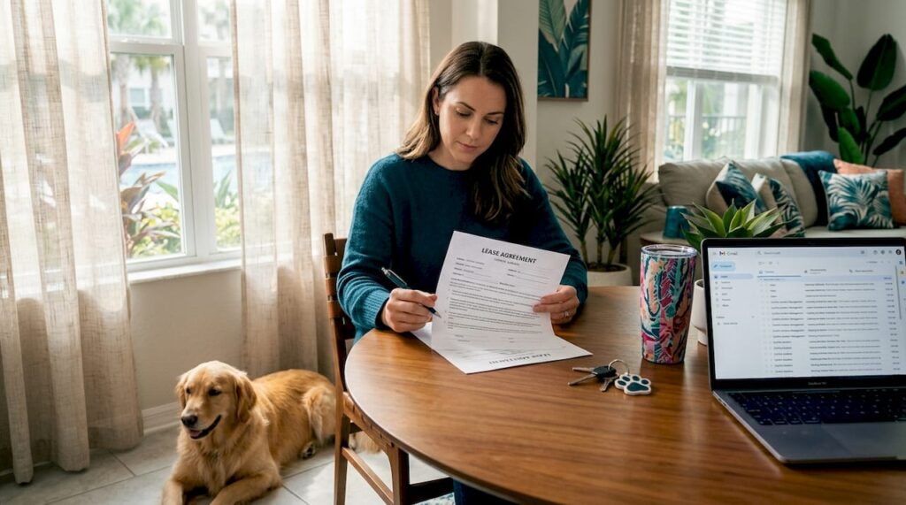 Renter reviewing pet policy with dog nearby