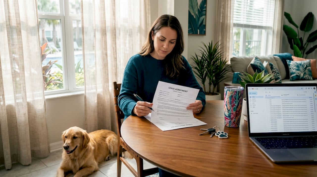 Renter reviewing pet policy with dog nearby