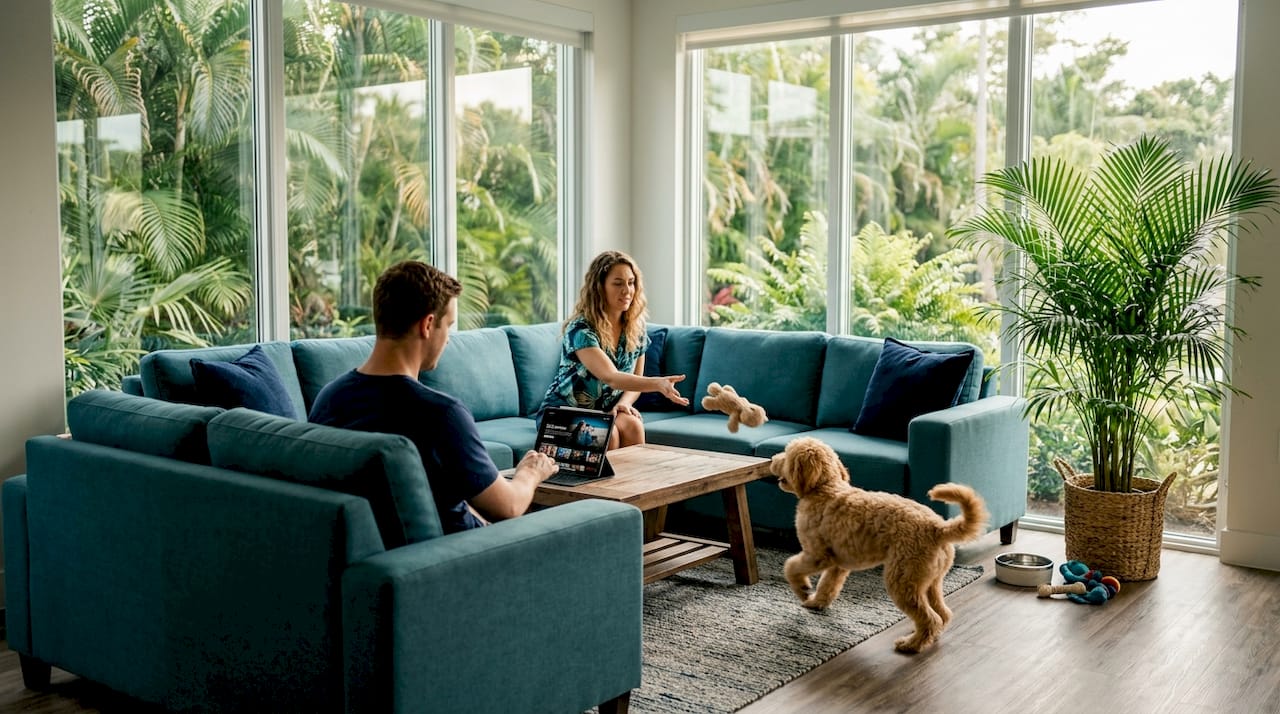 Pet-friendly apartment with modern flooring and playful dog