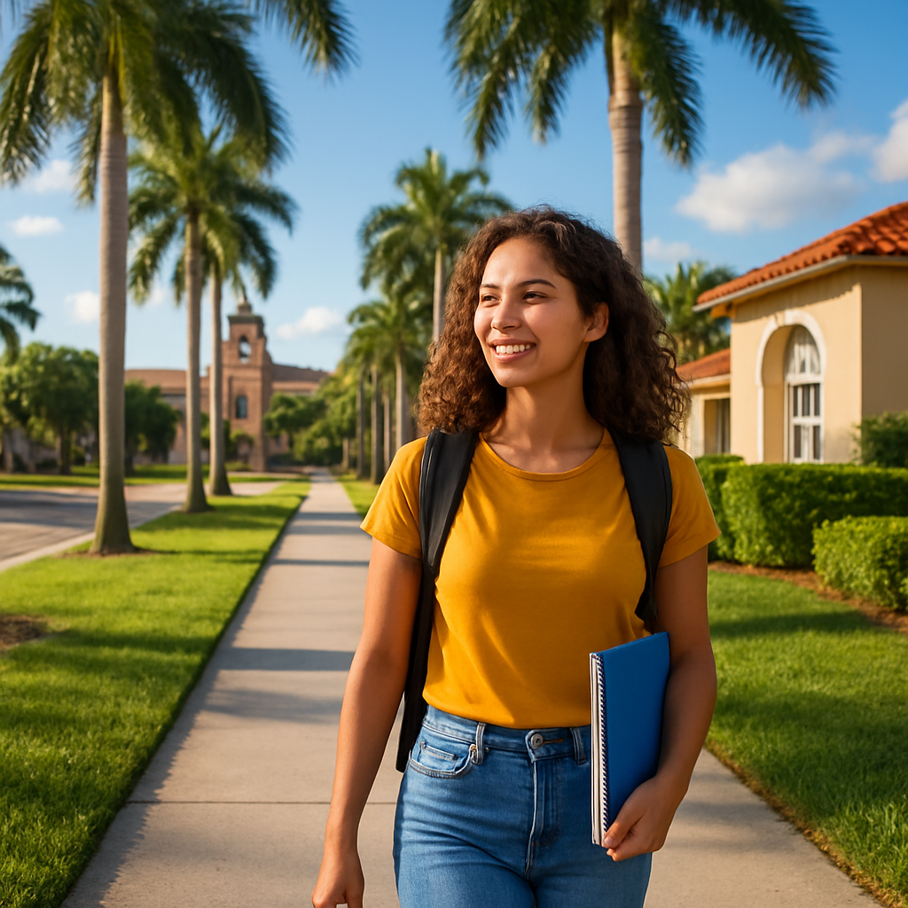 A young woman with curly hair, wearing a yellow shirt and backpack, smiles while walking on a sunny palm-lined sidewalk, holding a blue notebook. Residential buildings and a clock tower are visible in the background.