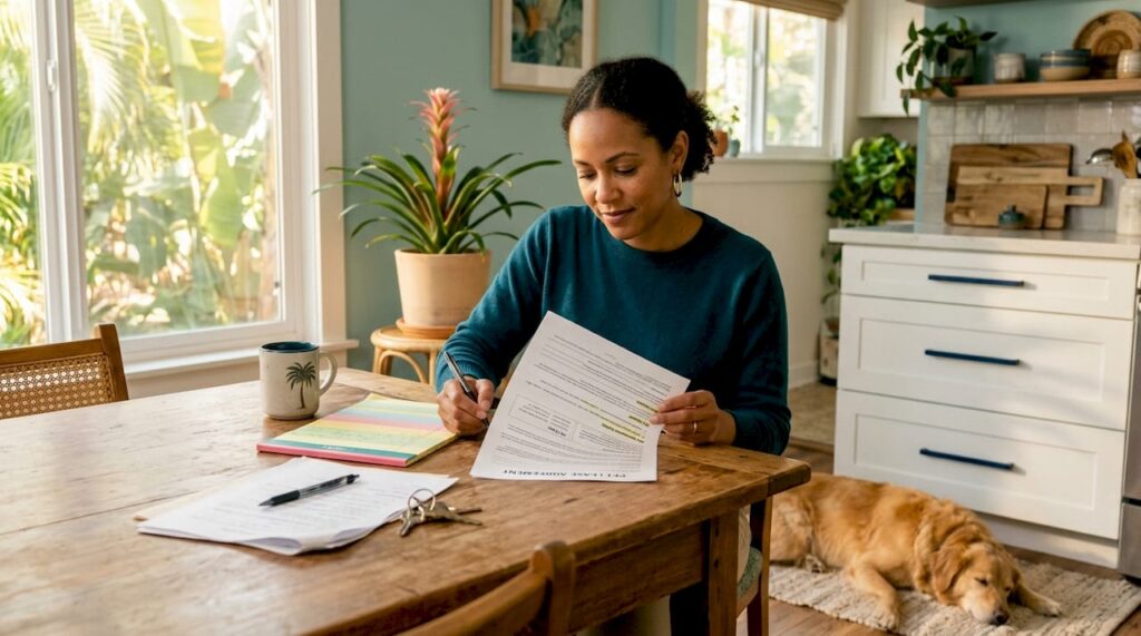 Woman reviewing lease with pet at home