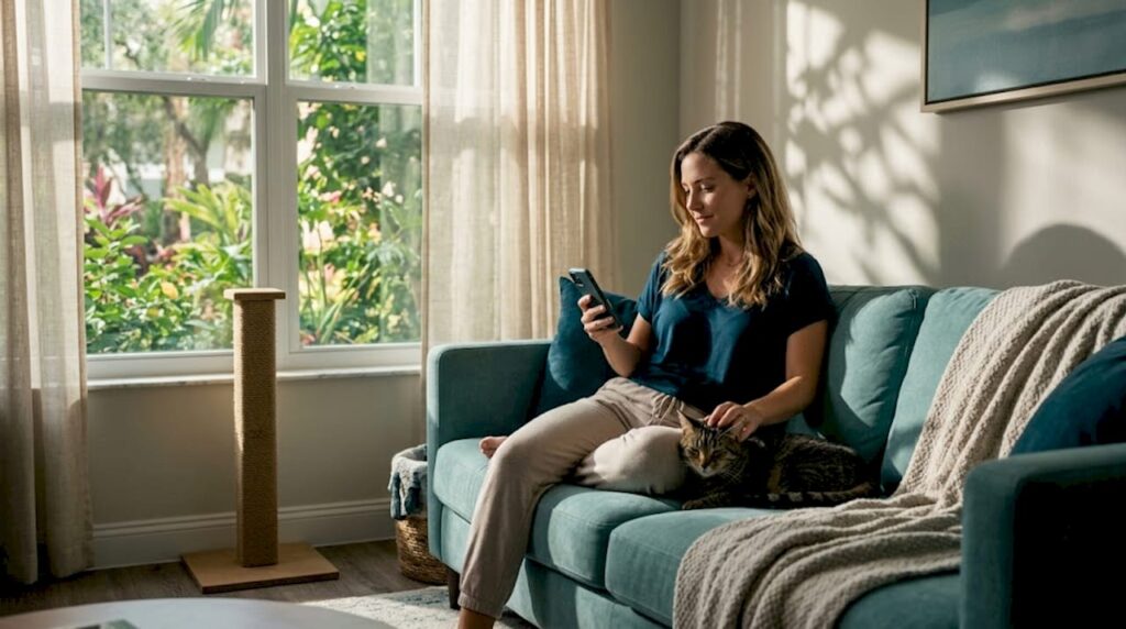 Cat owner relaxing in sunlit apartment living room