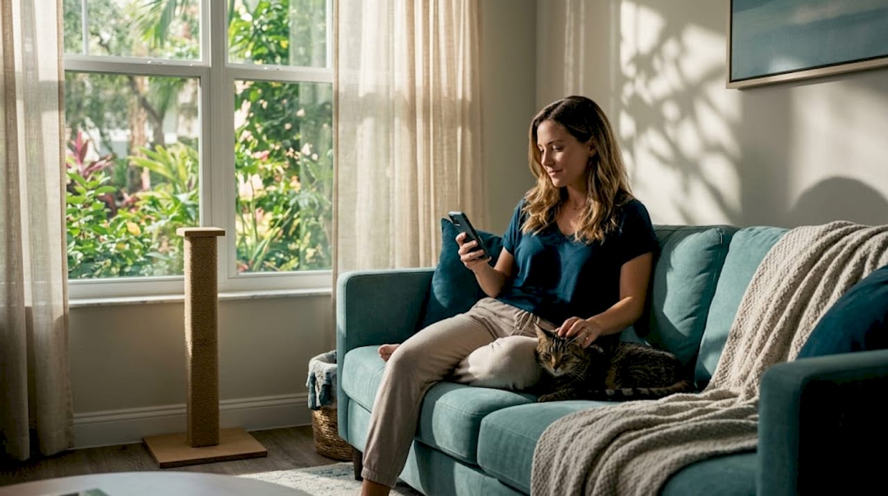 Cat owner relaxing in sunlit apartment living room