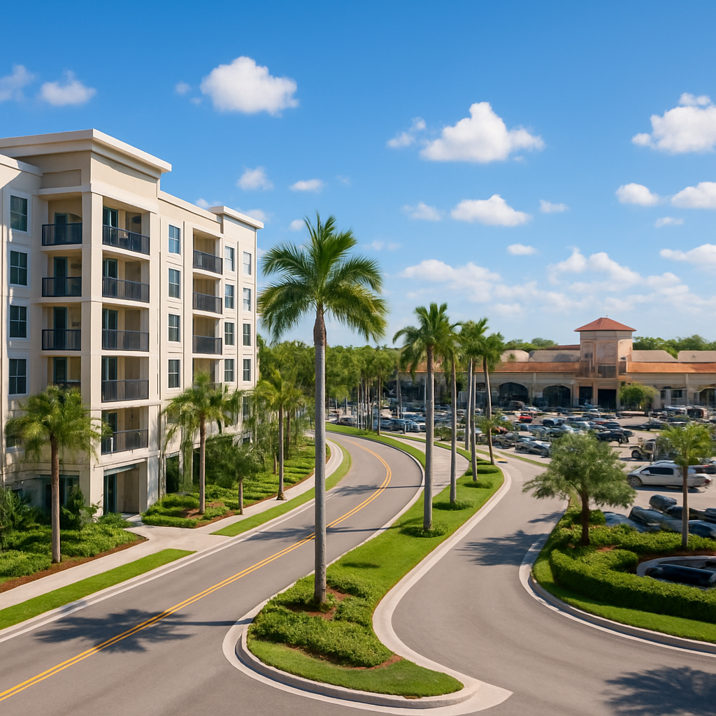 A modern apartment building with balconies sits beside a curving road lined with palm trees, leading to a shopping center with a large parking lot under a bright blue sky with white clouds.