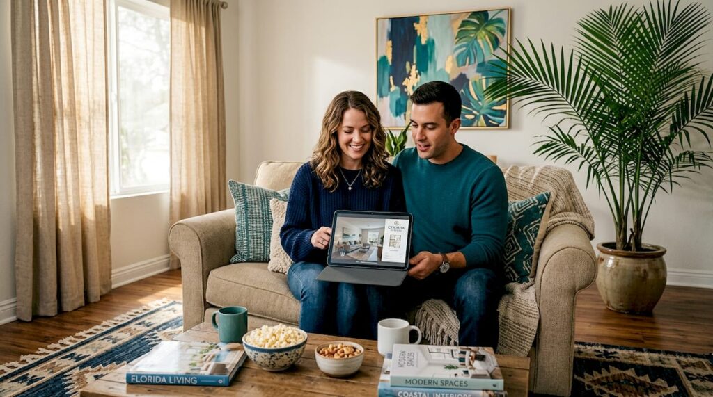 Couple viewing virtual apartment tour in living room