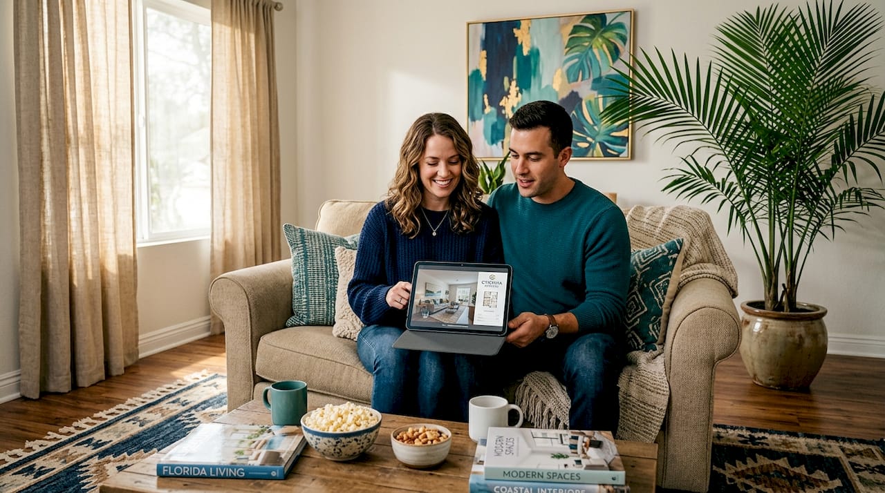 Couple viewing virtual apartment tour in living room